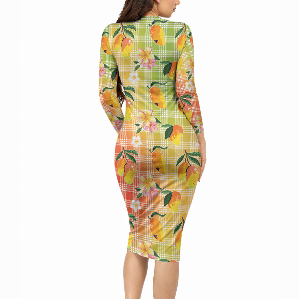 Aloha Hawaii Palaka Print Mango Plumeria Long Sleeve Bodycon Dress Tropical Vibes
