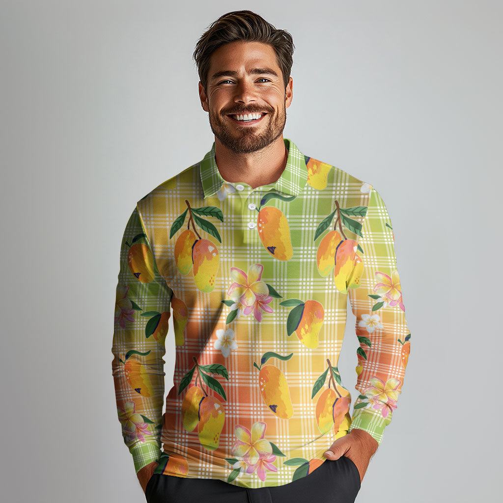 Aloha Hawaii Palaka Print Mango Plumeria Long Sleeve Polo Shirt Tropical Vibes