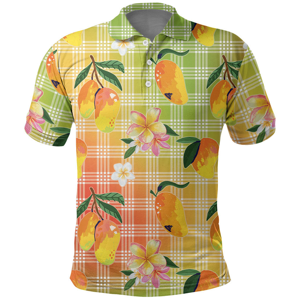 Aloha Hawaii Palaka Print Mango Plumeria Polo Shirt Tropical Vibes