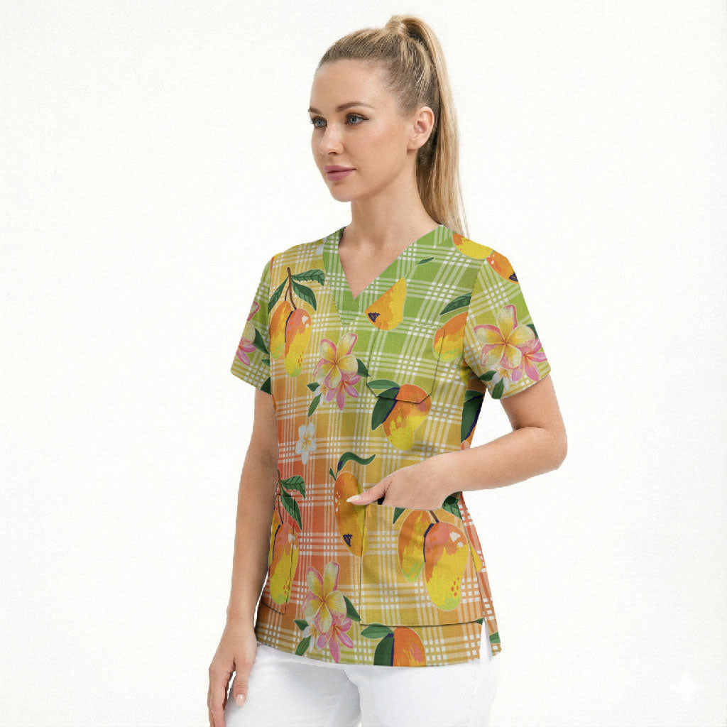 Aloha Hawaii Palaka Print Mango Plumeria Scrub Top Tropical Vibes