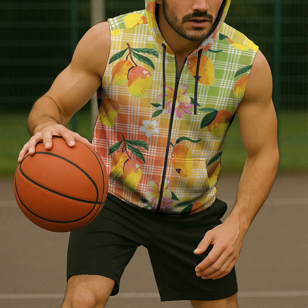 Aloha Hawaii Palaka Print Mango Plumeria Sleeveless Zip Hoodie Tropical Vibes