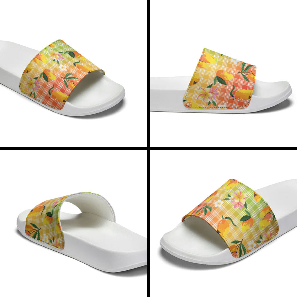 Aloha Hawaii Palaka Print Mango Plumeria Slide Sandals Tropical Vibes