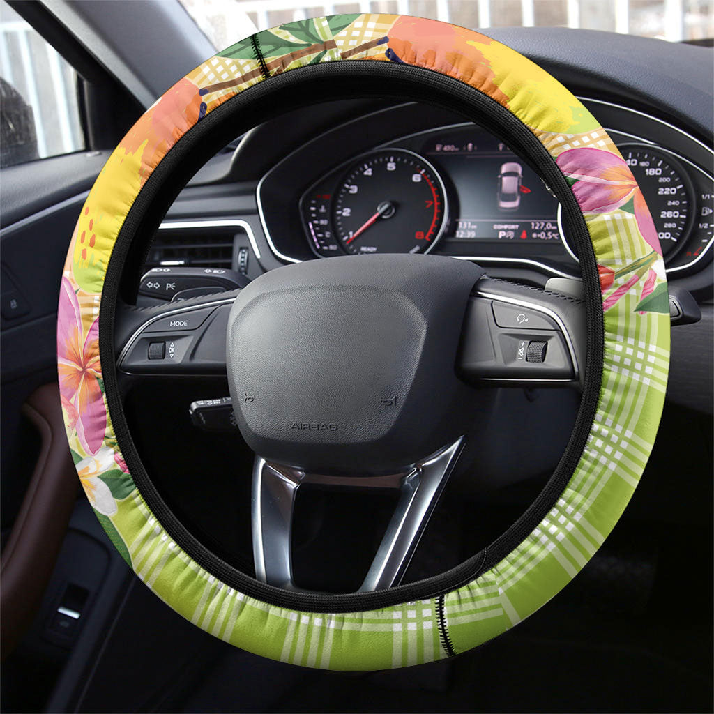 Aloha Hawaii Palaka Print Mango Plumeria Steering Wheel Cover Tropical Vibes