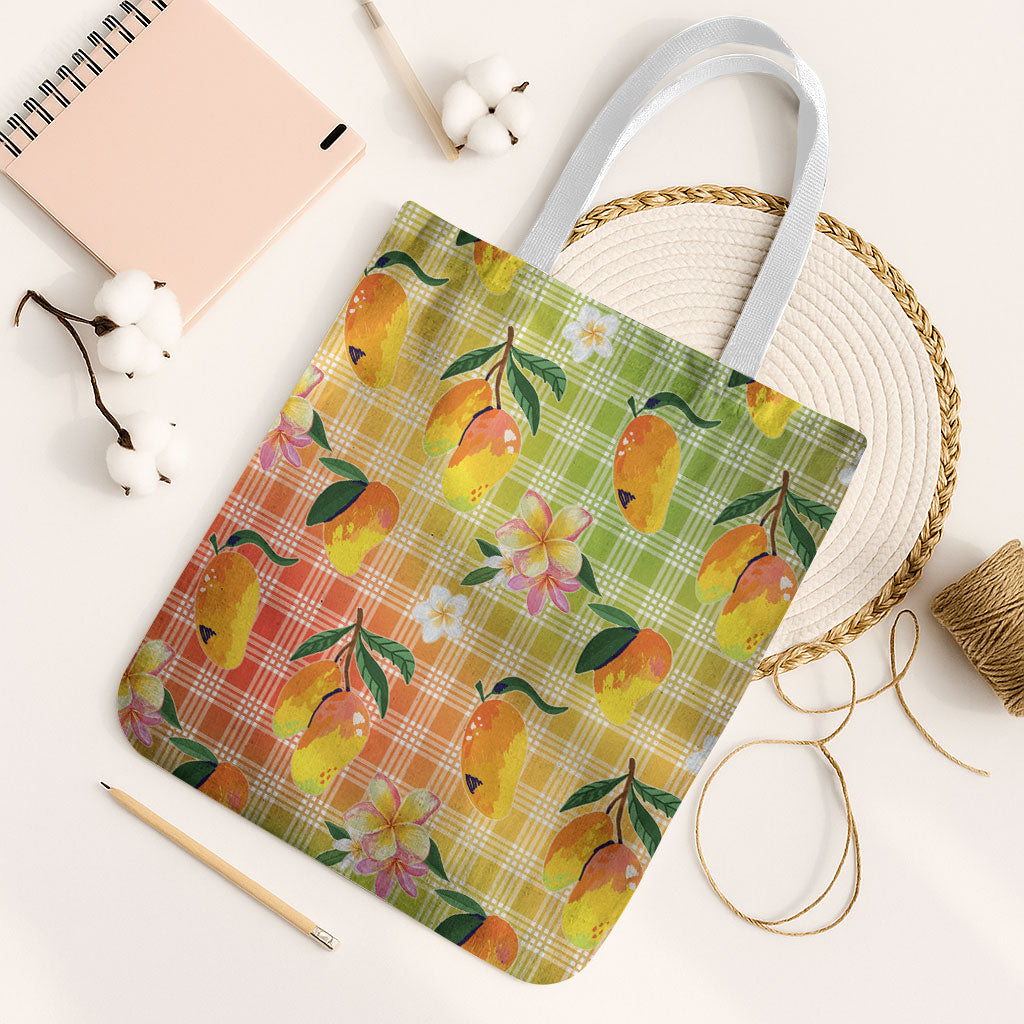 Aloha Hawaii Palaka Print Mango Plumeria Tote Bag Tropical Vibes