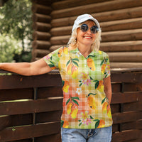 Aloha Hawaii Palaka Print Mango Plumeria Women Polo Shirt Tropical Vibes