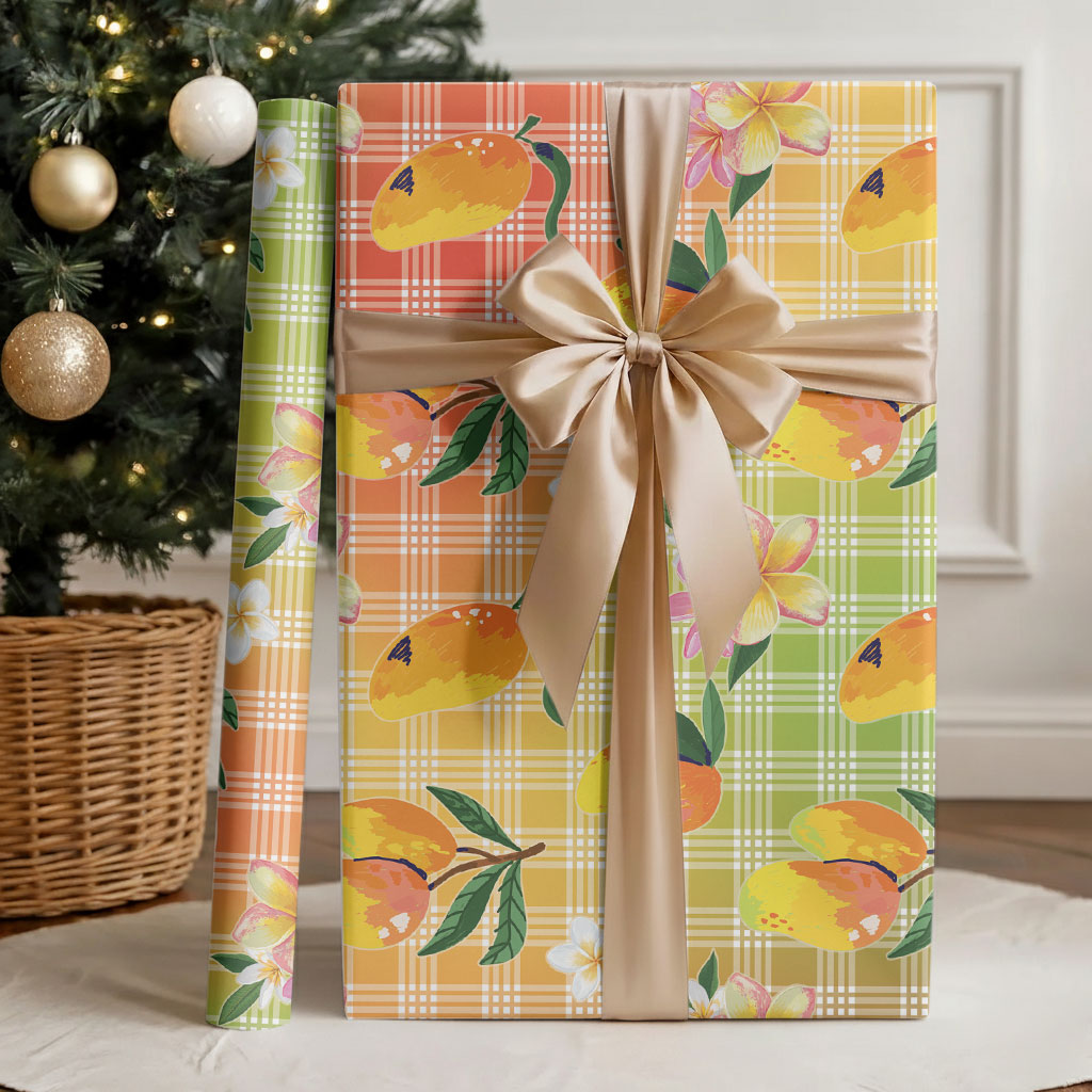 Aloha Hawaii Palaka Print Mango Plumeria Wrapping Paper Tropical Vibes