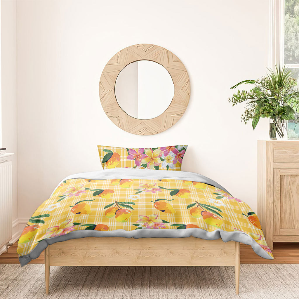 Aloha Hawaii Palaka Print Mango Plumeria Bedding Set Fresh Lemon