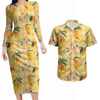 Aloha Hawaii Palaka Print Mango Plumeria Couples Matching Long Sleeve Bodycon Dress and Hawaiian Shirt Fresh Lemon