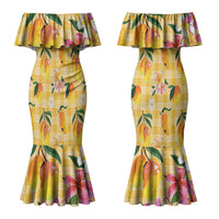Aloha Hawaii Palaka Print Mango Plumeria Couples Matching Mermaid Dress and Hawaiian Shirt Fresh Lemon
