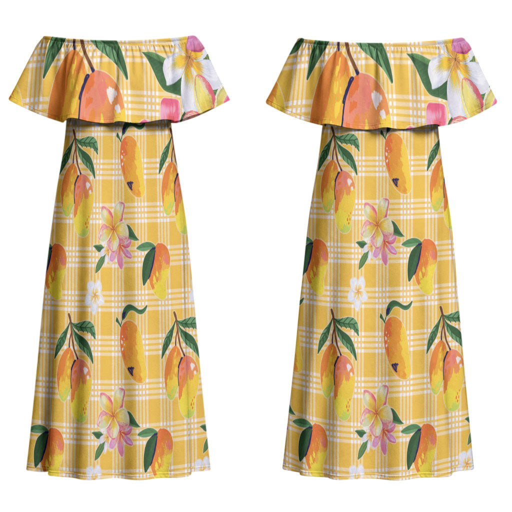 Aloha Hawaii Palaka Print Mango Plumeria Couples Matching Off Shoulder Maxi Dress and Hawaiian Shirt Fresh Lemon