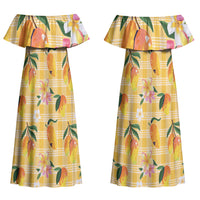 Aloha Hawaii Palaka Print Mango Plumeria Couples Matching Off Shoulder Maxi Dress and Hawaiian Shirt Fresh Lemon