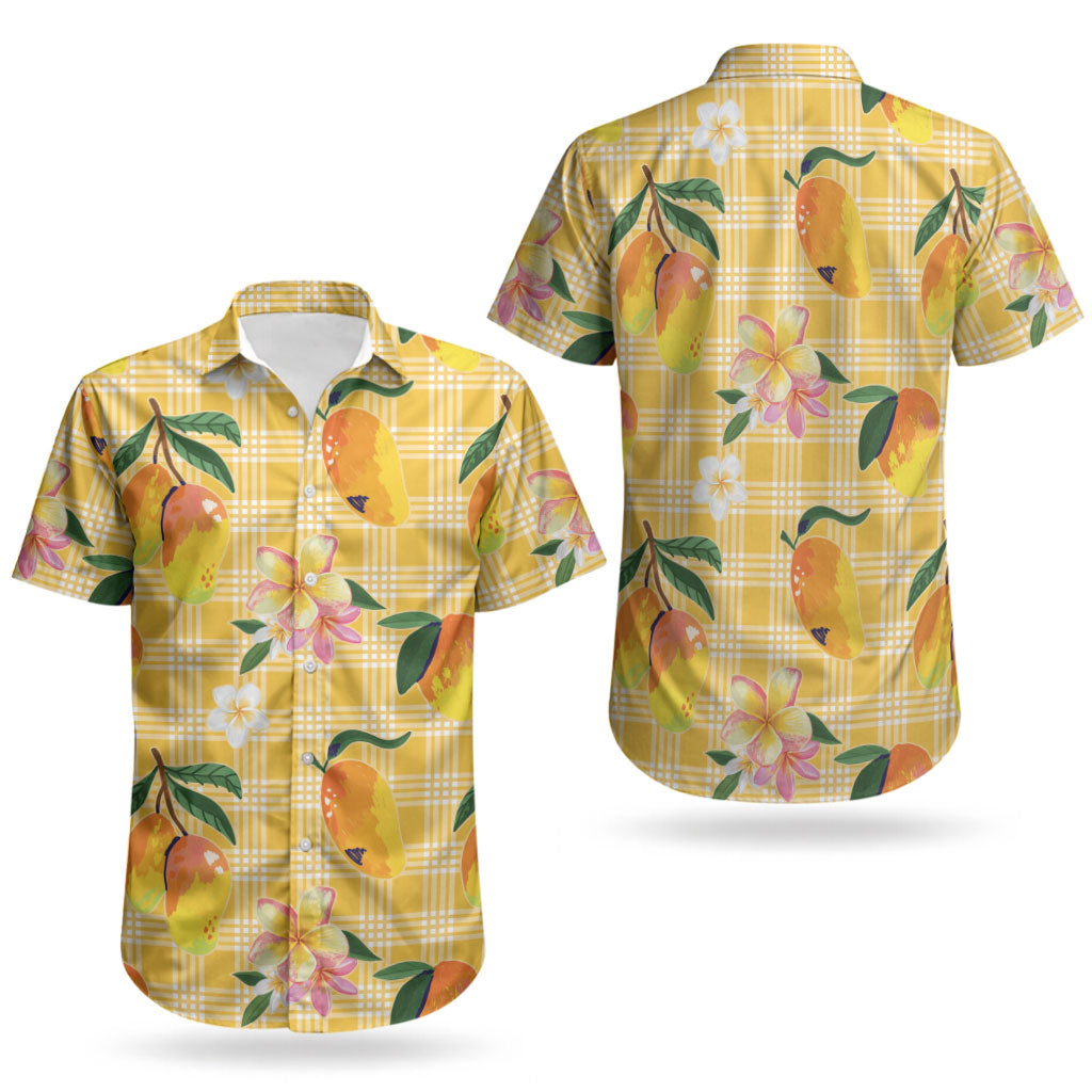 Aloha Hawaii Palaka Print Mango Plumeria Couples Matching Off Shoulder Short Dress and Hawaiian Shirt Fresh Lemon