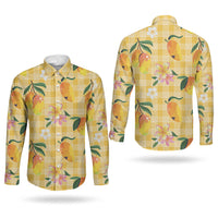 Aloha Hawaii Palaka Print Mango Plumeria Couples Matching Puletasi and Long Sleeve Button Shirt Fresh Lemon