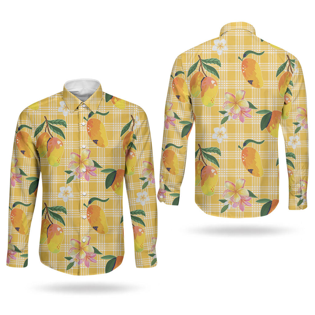 Aloha Hawaii Palaka Print Mango Plumeria Couples Matching Summer Maxi Dress and Long Sleeve Button Shirt Fresh Lemon