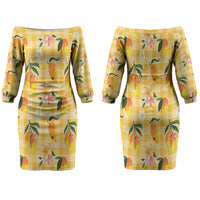 Aloha Hawaii Palaka Print Mango Plumeria Family Matching Off The Shoulder Long Sleeve Dress and Hawaiian Shirt Fresh Lemon