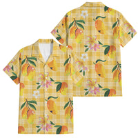 Aloha Hawaii Palaka Print Mango Plumeria Family Matching Off The Shoulder Long Sleeve Dress and Hawaiian Shirt Fresh Lemon