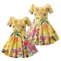 Aloha Hawaii Palaka Print Mango Plumeria Family Matching Short Sleeve Bodycon Dress and Hawaiian Shirt Fresh Lemon