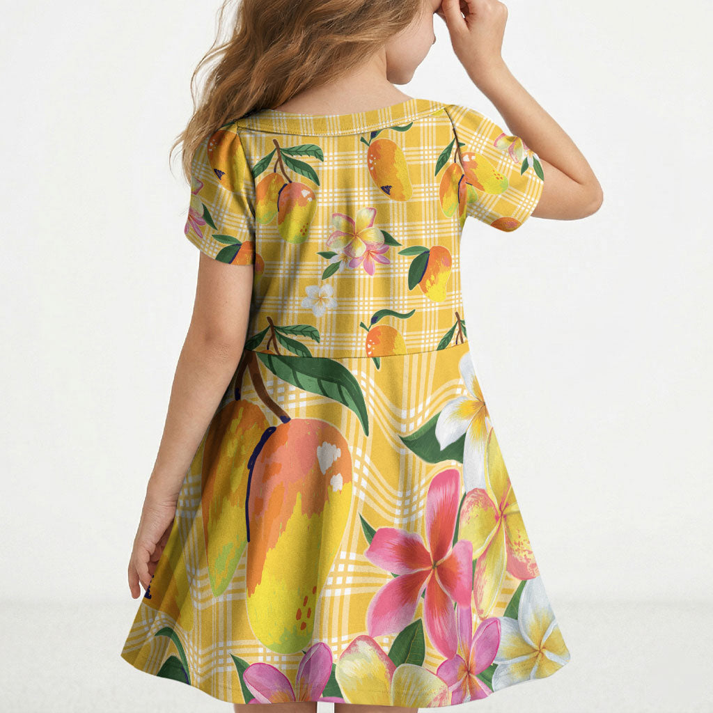 Aloha Hawaii Palaka Print Mango Plumeria Kid Short Sleeve Dress Fresh Lemon