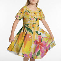 Aloha Hawaii Palaka Print Mango Plumeria Kid Short Sleeve Dress Fresh Lemon