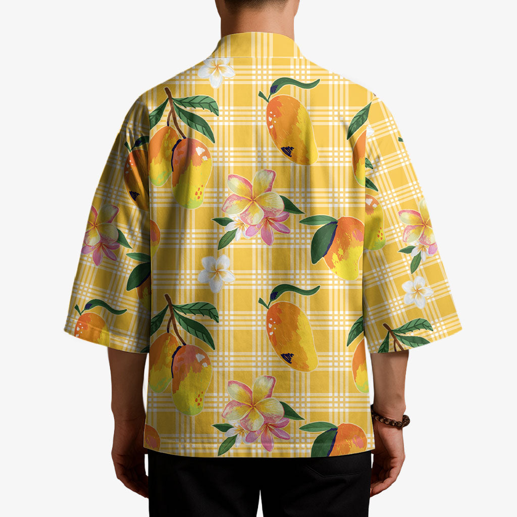 Aloha Hawaii Palaka Print Mango Plumeria Kimono Fresh Lemon