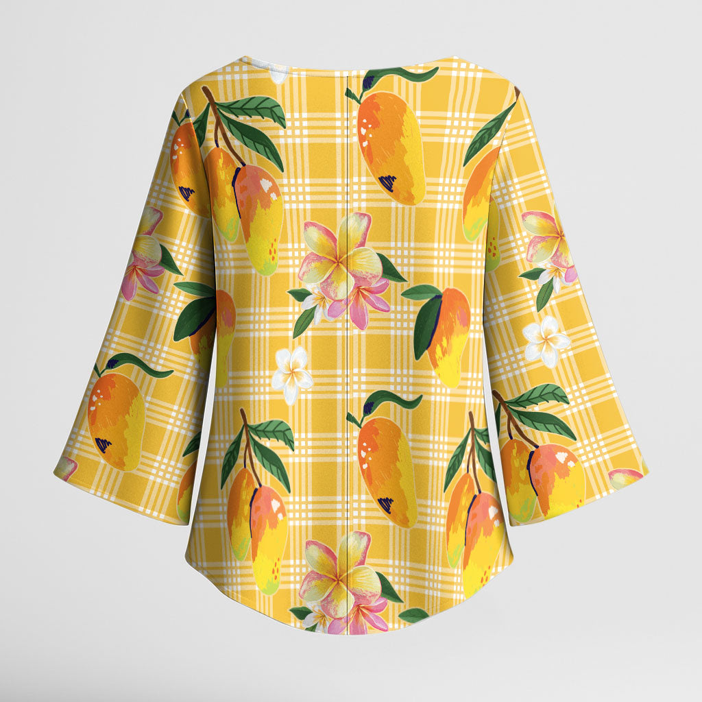 Aloha Hawaii Palaka Print Mango Plumeria Kimono Sleeve Blouse Fresh Lemon