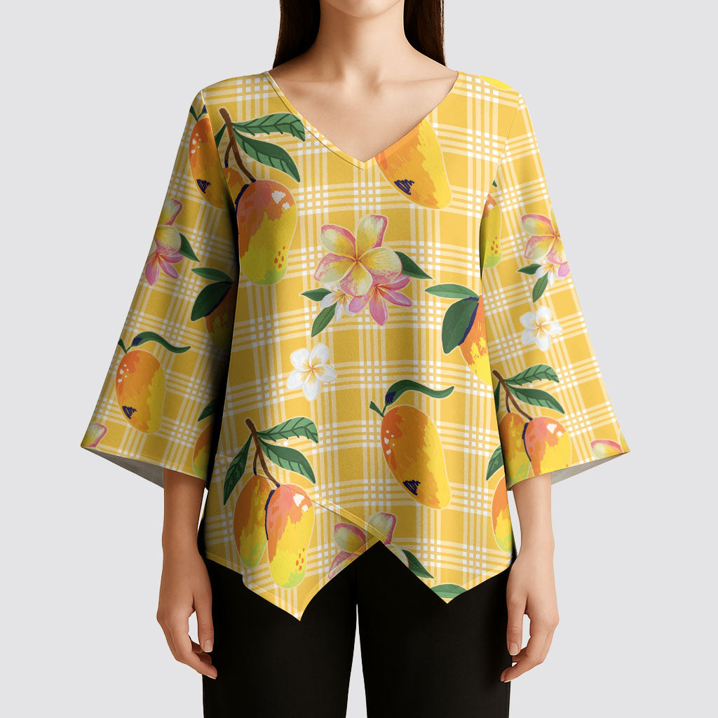 Aloha Hawaii Palaka Print Mango Plumeria Kimono Sleeve Blouse Fresh Lemon