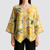 Aloha Hawaii Palaka Print Mango Plumeria Kimono Sleeve Blouse Fresh Lemon