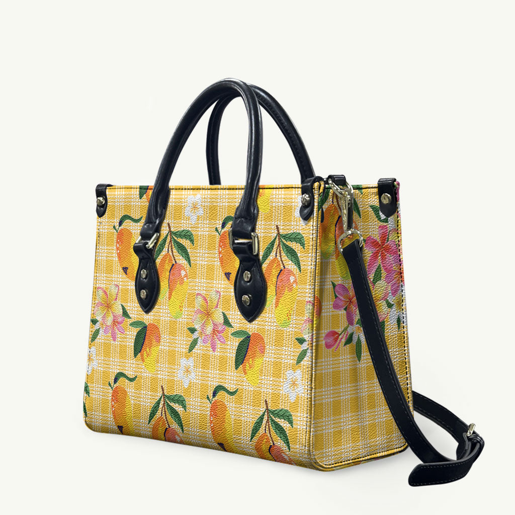 Aloha Hawaii Palaka Print Mango Plumeria Leather Bag Fresh Lemon