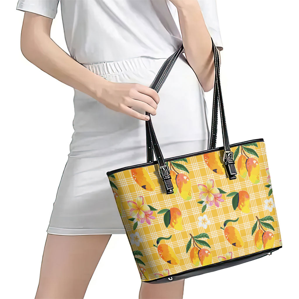 Aloha Hawaii Palaka Print Mango Plumeria Leather Tote Bag Fresh Lemon