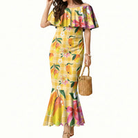 Aloha Hawaii Palaka Print Mango Plumeria Mermaid Dress Fresh Lemon