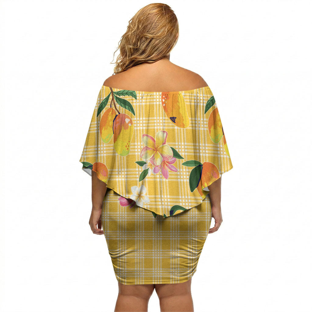 Aloha Hawaii Palaka Print Mango Plumeria Off Shoulder Short Dress Fresh Lemon