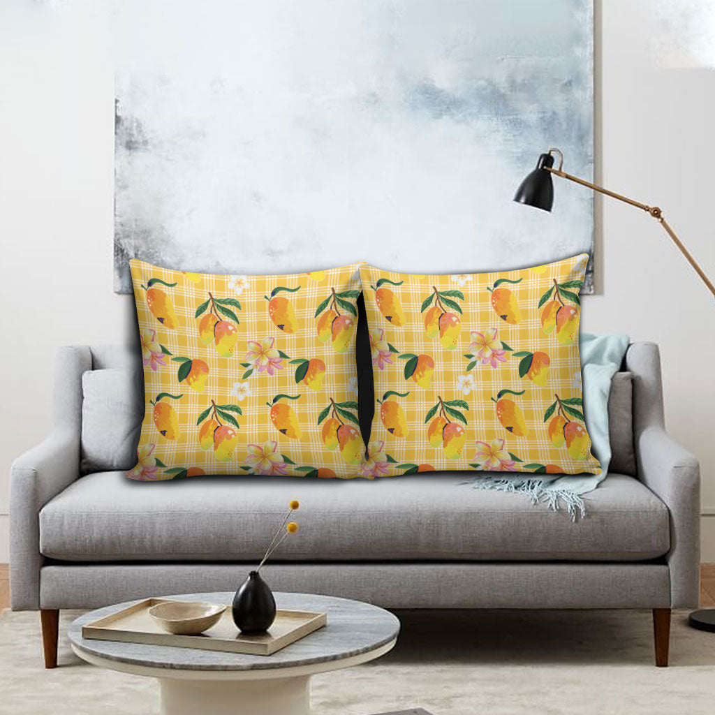 Aloha Hawaii Palaka Print Mango Plumeria Pillow Cover Fresh Lemon