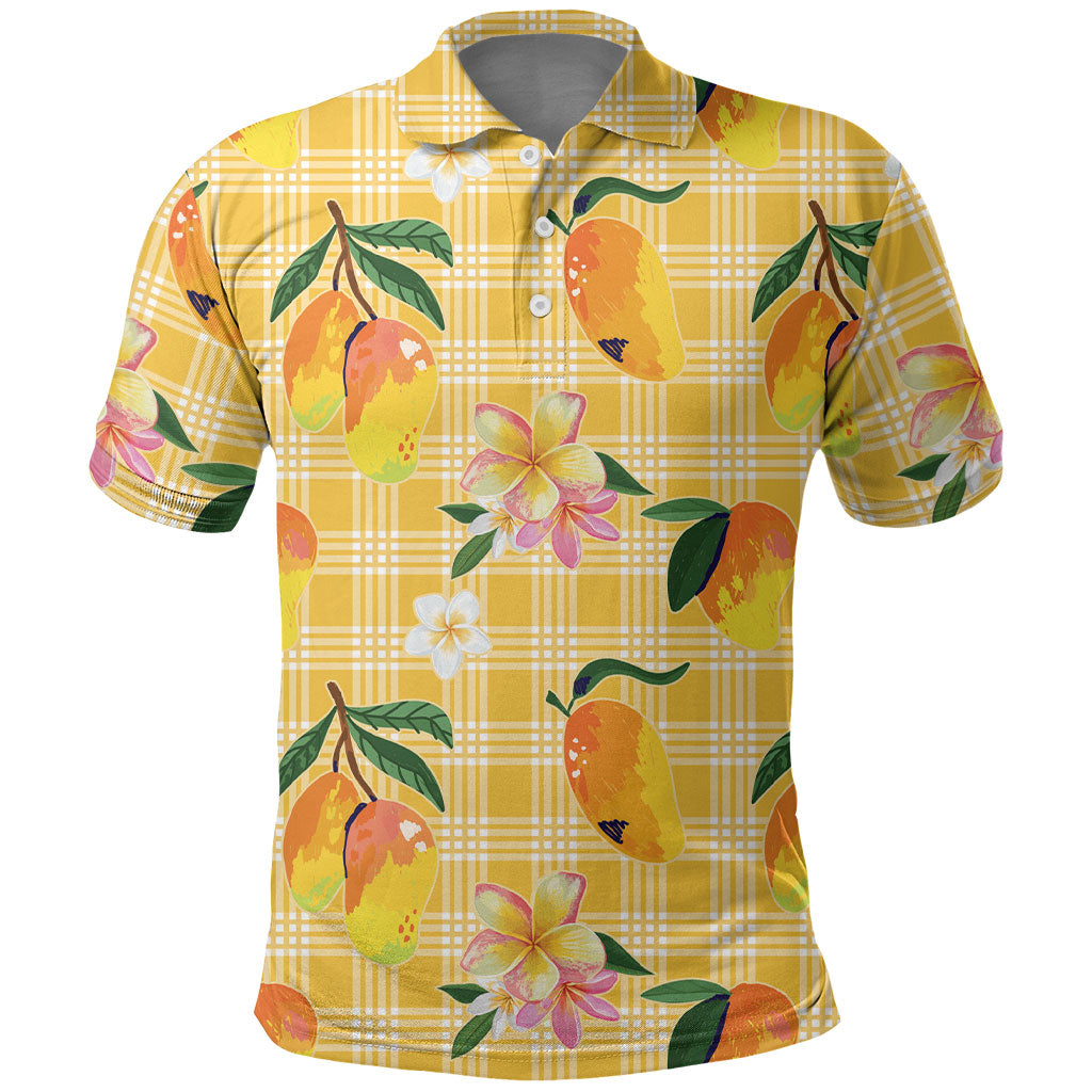 Aloha Hawaii Palaka Print Mango Plumeria Polo Shirt Fresh Lemon