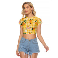Aloha Hawaii Palaka Print Mango Plumeria Raglan Cropped T Shirt Fresh Lemon