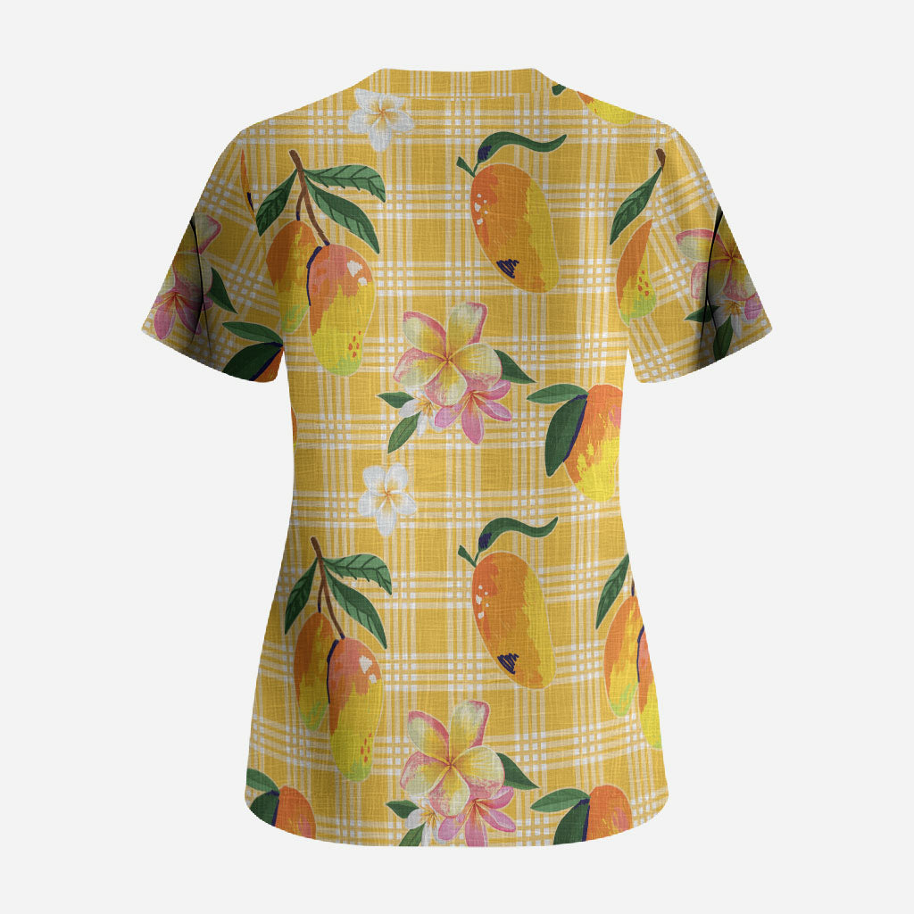 Aloha Hawaii Palaka Print Mango Plumeria Scrub Top Fresh Lemon