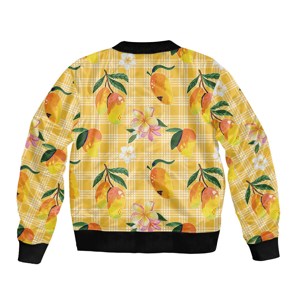 Aloha Hawaii Palaka Print Mango Plumeria Sleeve Zip Bomber Jacket Fresh Lemon