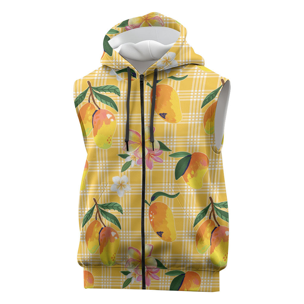 Aloha Hawaii Palaka Print Mango Plumeria Sleeveless Zip Hoodie Fresh Lemon