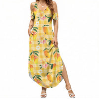 Aloha Hawaii Palaka Print Mango Plumeria Summer Maxi Dress Fresh Lemon