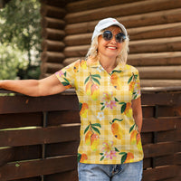 Aloha Hawaii Palaka Print Mango Plumeria Women Polo Shirt Fresh Lemon