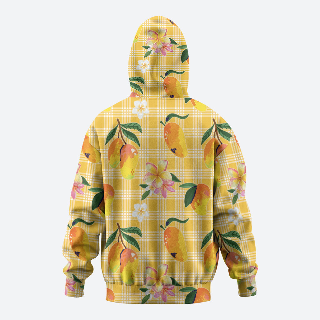Aloha Hawaii Palaka Print Mango Plumeria Zip Hoodie Fresh Lemon