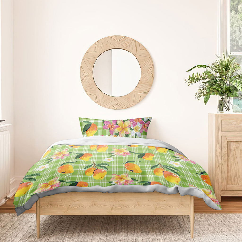 Aloha Hawaii Palaka Print Mango Plumeria Bedding Set Cool Mint