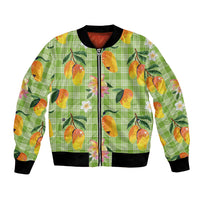 Aloha Hawaii Palaka Print Mango Plumeria Bomber Jacket Cool Mint