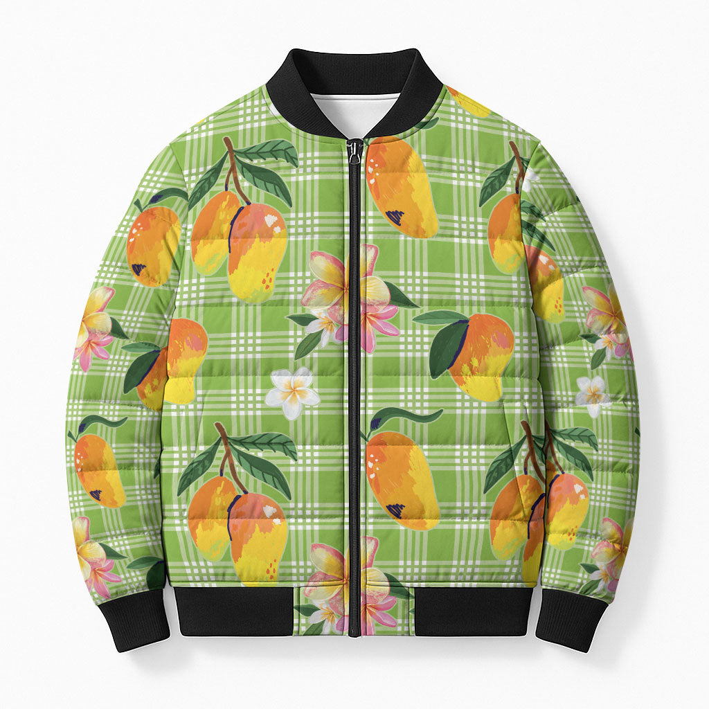 Aloha Hawaii Palaka Print Mango Plumeria Bomber Puffer Jacket Cool Mint
