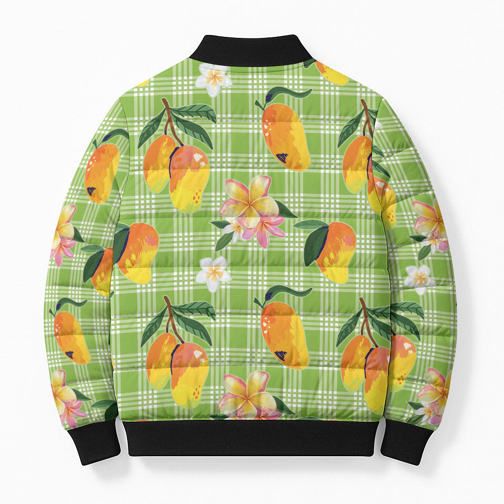 Aloha Hawaii Palaka Print Mango Plumeria Bomber Puffer Jacket Cool Mint