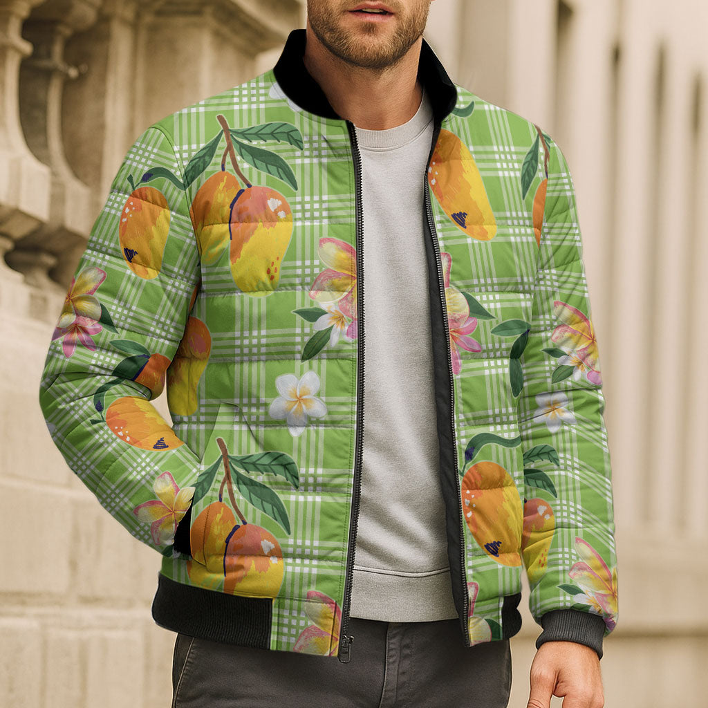 Aloha Hawaii Palaka Print Mango Plumeria Bomber Puffer Jacket Cool Mint