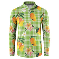 Aloha Hawaii Palaka Print Mango Plumeria Button Sweatshirt Cool Mint