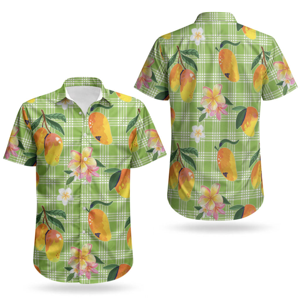 Aloha Hawaii Palaka Print Mango Plumeria Couples Matching Long Sleeve Bodycon Dress and Hawaiian Shirt Cool Mint