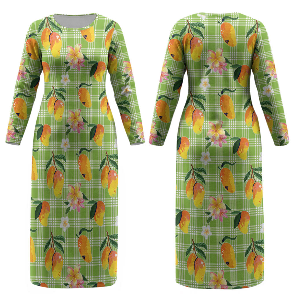 Aloha Hawaii Palaka Print Mango Plumeria Couples Matching Long Sleeve Bodycon Dress and Long Sleeve Button Shirt Cool Mint