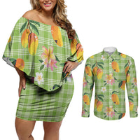 Aloha Hawaii Palaka Print Mango Plumeria Couples Matching Off Shoulder Short Dress and Long Sleeve Button Shirt Cool Mint