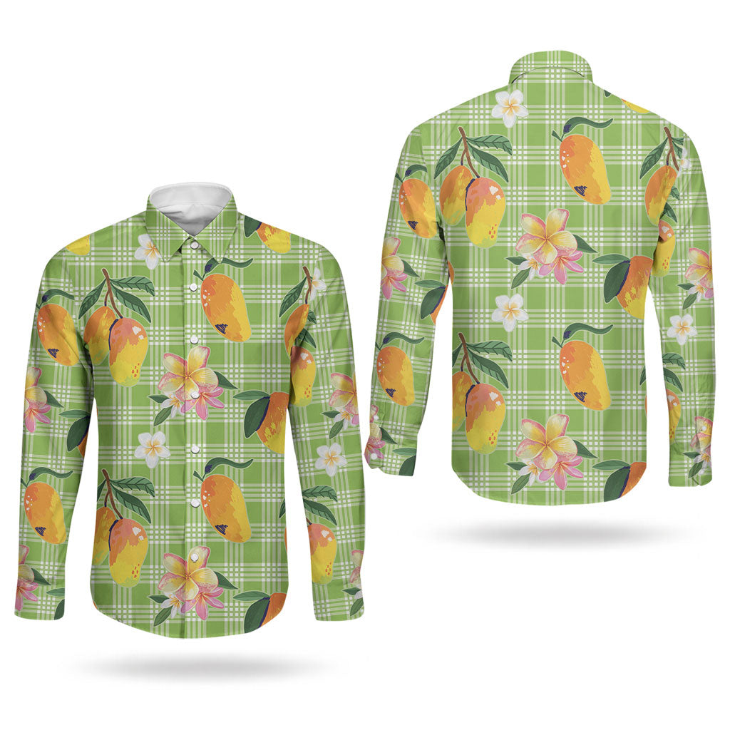 Aloha Hawaii Palaka Print Mango Plumeria Couples Matching Off Shoulder Short Dress and Long Sleeve Button Shirt Cool Mint